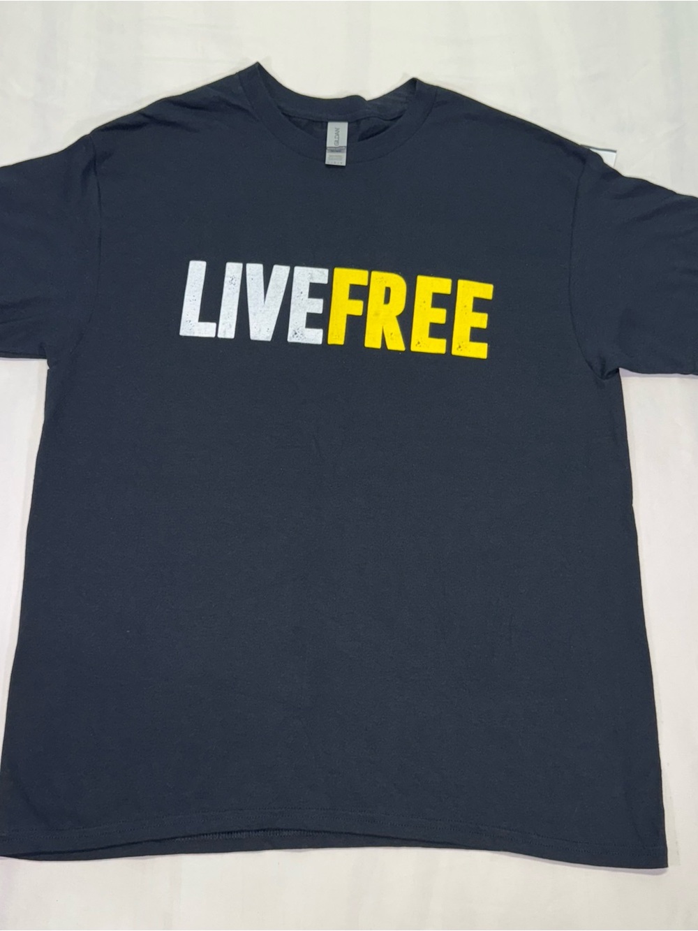 Gildan Black Short Sleeve Tee with White & Yellow LIVE FREE Print